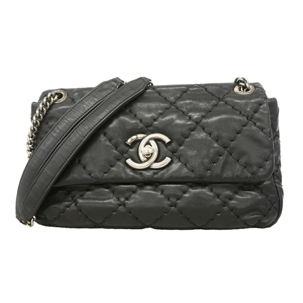 Chanel Shoulder Bag, Wild Stitch, Double Chain, Leather, Black, Women's